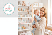 Crie um banner promocional para a loja Moms House, com duas versões: uma otimizada para desktop e outra para mobile. Na versão desktop, a mãe e o bebê devem aparecer lado a lado no lado direito do banner, com a logomarca da Moms House no lado esquerdo, como se estivesse na parede da loja. No fundo, devem aparecer elementos da loja, como brinquedos, acessórios e itens de decoração. Já na versão mobile, a composição deve ser adaptada para se encaixar na tela menor, mantendo a mãe e o bebê em destaque à direit